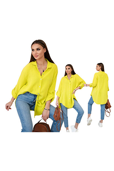 Kesi Cămașă Kiwi pentru femei, model supradimensionat, din muselină de bumbac