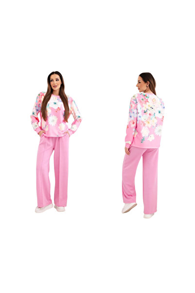 Kesi Set bluză cu imprimeu floral roz deschis și pantaloni cu croi larg pentr...
