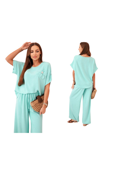 Kesi Set de damă din viscoză mentă cu aplicații florale și pantaloni lejeri