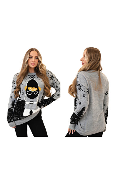 Kesi Pulover gri de Crăciun pentru femei cu Moș Crăciun și model de iarnă