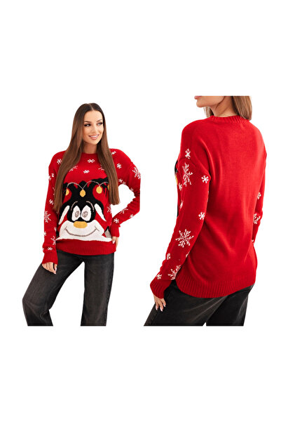 Kesi Pulover roșu de Crăciun pentru femei cu imprimeu de pinguini și fulgi de...