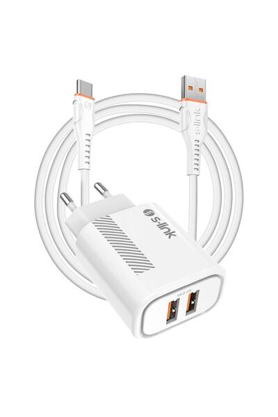 Hytech S-link SL-EC50 (SL-EC50T) 5V 2400MA Type-C Kablolu 2 USB Çıkışlı Beyaz...