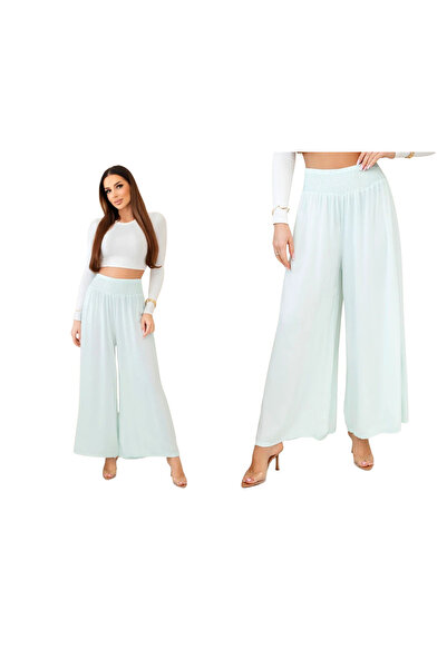 Kesi Pantaloni largi de damă, culoarea mentă, cu talie elastică, din viscoză ...