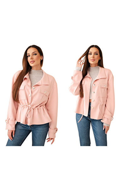 Kesi Jachetă tip cămașă de damă roz pudrat închis, cu curea în talie