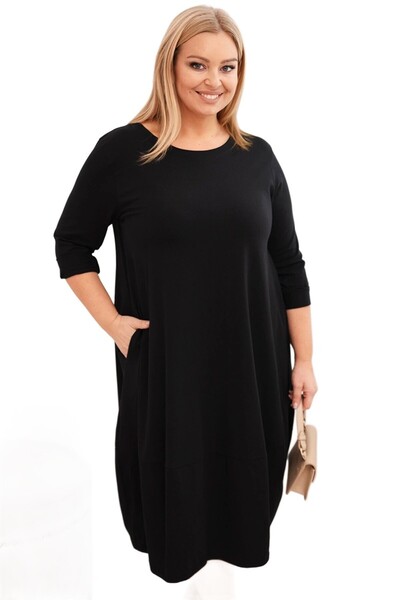 Kesi Rochie neagră din bumbac pentru femei, mărime plus, cu mâneci rulate și ...