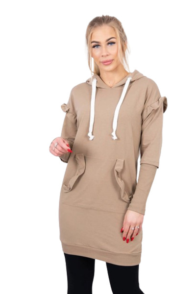 Kesi Rochie camel cu volane decorative și glugă