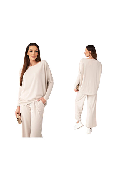 Kesi Beige Viscose women's set, blouse and oversized pants Plus Size