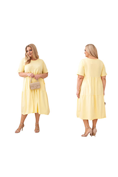 Kesi Yellow Cotton flared dress, plus size, with Pocketed
