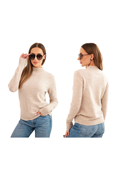 Kesi Pulover bej închis pentru femei cu guler înalt - clasic, moale