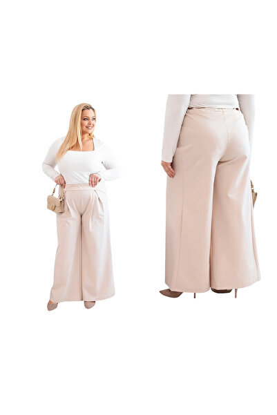 Kesi Elegant beige pants for women, plus size, with High-Leg and wide cut