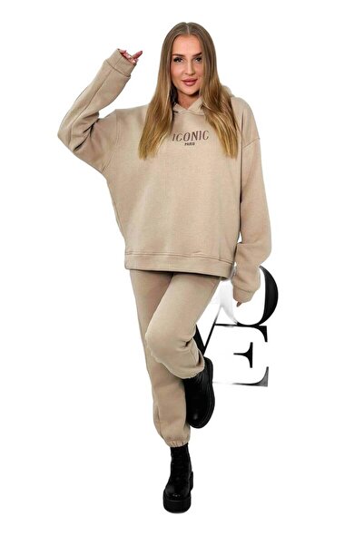 Kesi Set izolat din bumbac: hanorac cu broderie + pantaloni bej