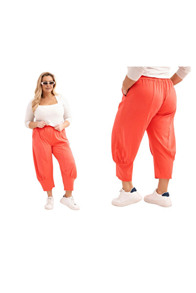Kesi Pantaloni de damă din bumbac coral, mărime mare, cu buzunare și croială ...