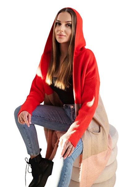 Kesi Cardigan cu glugă și dungi în roșu + cămilă + roz pudrat