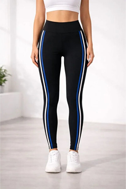 freedom store Stretch Fabric Side White Blue Stripe Detailed Leggings - Black