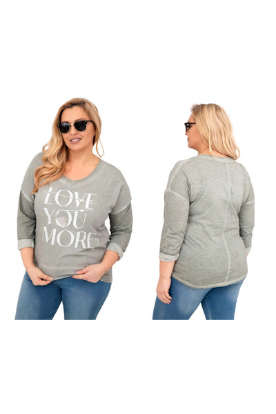 Kesi Bluză kaki pentru femei, mărime mare, cu imprimeu „LOVE YOU MORE”