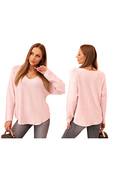 Kesi Pulover de damă roz pudrat închis cu decolteu în V