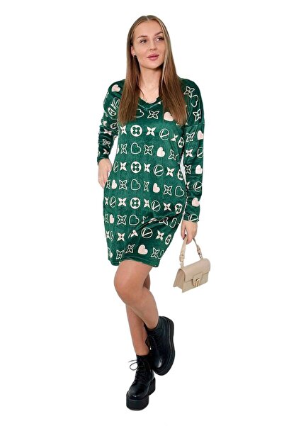 Kesi Rochie din velur cu model decorativ, verde + bej