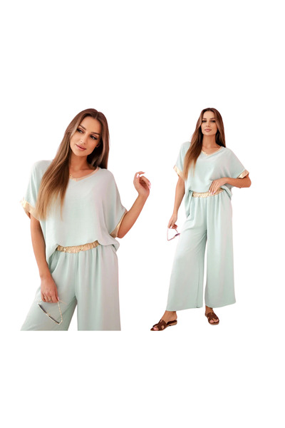 Kesi Set elegant de damă, culoare mentă închisă, din viscoză, cu garnituri aurii