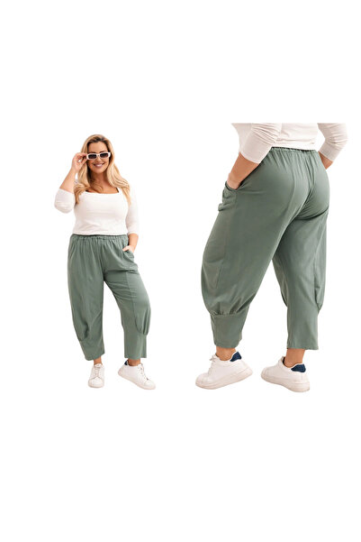 Kesi Pantaloni de damă kaki din bumbac, mărime mare, cu buzunare și croi conic