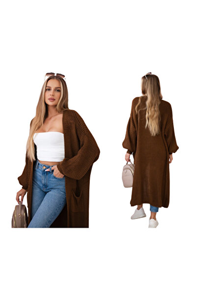 Kesi Cardigan supradimensionat pentru femei, culoare ciocolatiu, cu mâneci lu...