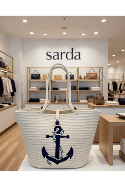 SARDA Summer Ecru Straw Women's Beach Bag Si Sailor Anchor Printed Large Shou...
