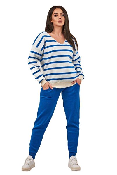 Kesi Set pulover cu dungi + pantaloni albaștri cu imprimeu floral