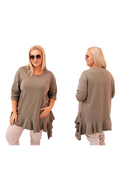 Kesi Bluză kaki pentru femei, mărime mare, cu volane și tiv asimetric