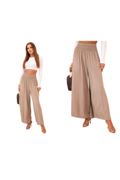 Kesi Pantaloni largi de damă, culoarea camel, cu talie elastică, din viscoză ...