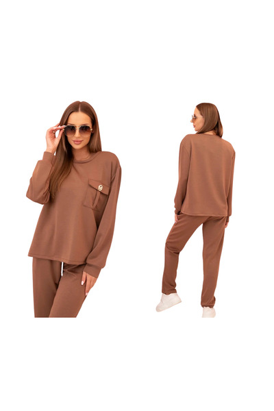 Kesi Set trening de damă camel cu buzunar decorativ și pantaloni drepți