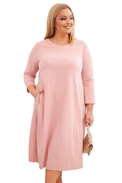 Kesi Rochie roz pudrată din bumbac, mărime plus, cu mâneci rulate și buzunare