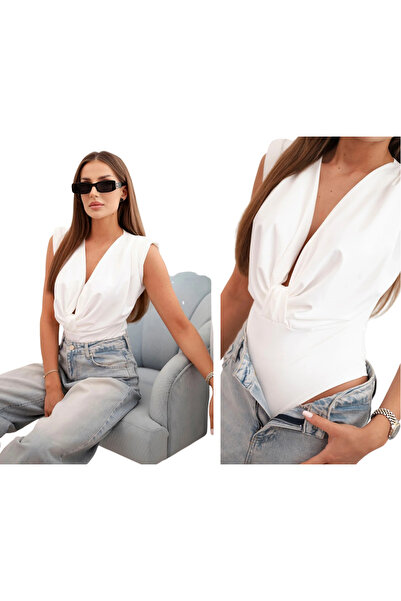 Kesi Elegant ecru women's bodysuit with Plunging Neckline and drapery