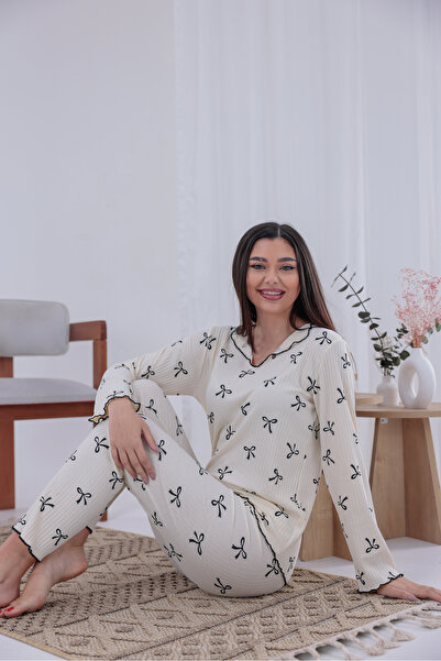 Arvin Pijama Kurdele Desenli Örme Uzun Kollu Kadın Pijama Takımı Ekru