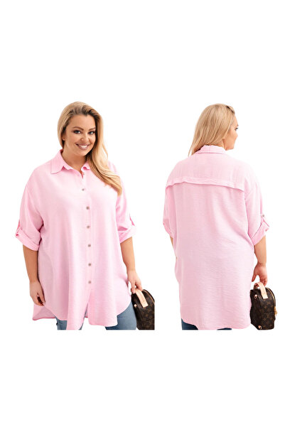 Kesi Cămașă roz bombon pentru femei, mărime mare, din viscoză, cu spate mai lung