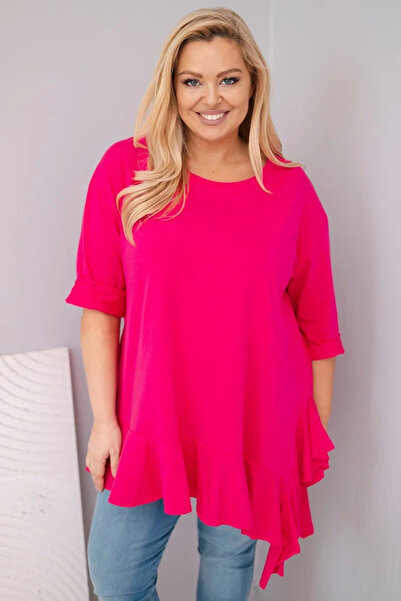 Kesi Bluză de damă din bumbac, mărime mare, cu volane și mâneci rulate, fuchsia