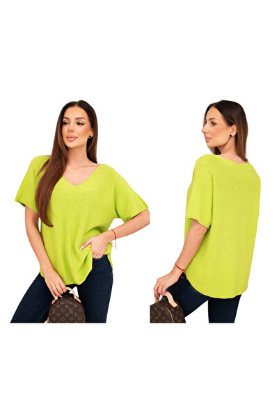 Kesi Bluză lejeră cu decolteu în V pentru femei, culoarea fisticului, confecț...