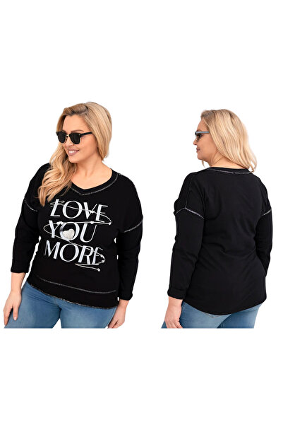 Kesi Bluză de damă neagră, mărime plus, cu imprimeu „LOVE YOU MORE”