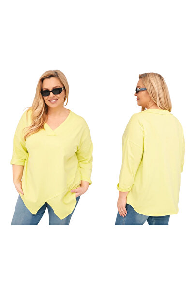 Kesi Bluză de damă cu decolteu în V asimetric din bumbac, mărime mare, galben...