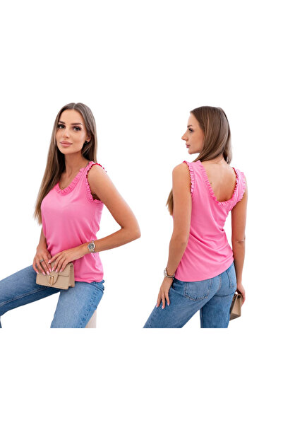 Kesi Women's pink sleeveless blouse with Ruffled neckline