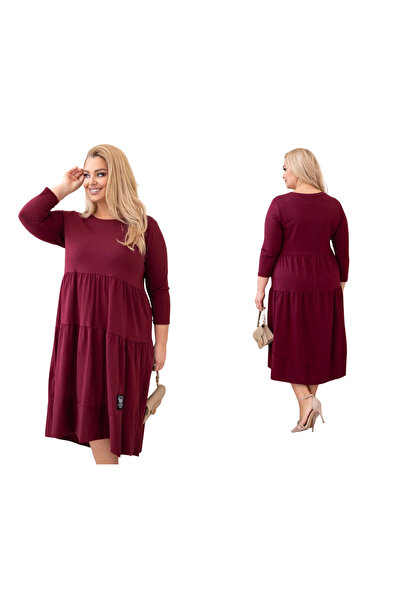 Kesi Plum-colored Cotton flared dress, plus size, with long sleeves