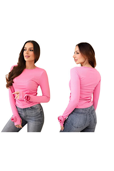 Kesi Bluză roz deschis pentru femei, cu mâneci lungi, din viscoză striată