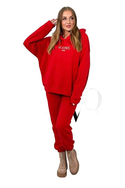 Kesi Set izolat din bumbac: hanorac cu broderie + pantaloni roșii