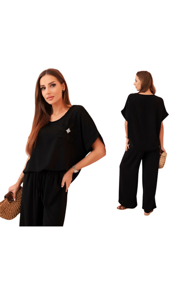 Kesi Set de damă din viscoză neagră cu aplicații florale și pantaloni lejeri