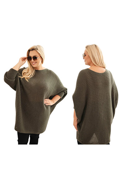 Kesi Women's khaki mohair poncho sweater, plus size