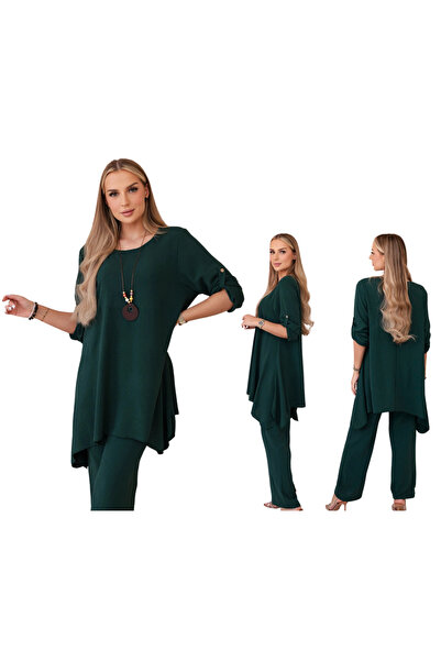 Kesi Set de damă verde închis cu colier: tunică și pantaloni largi