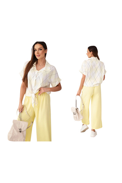 Kesi Set de damă galben din viscoză, cu bluză cămașă și pantaloni largi