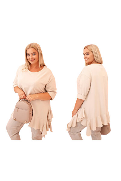 Kesi Women's beige blouse, plus size, with Ruffled and asymmetric hem