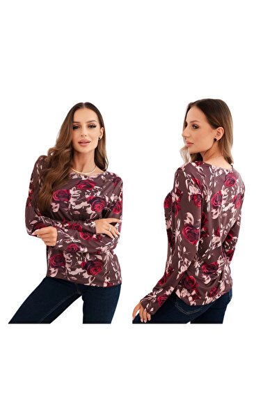 Kesi Women's long-sleeved blouse with Floral Print made of Viscose, brown