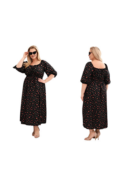 Kesi Women's black dress with Printed and gathered waist, plus size