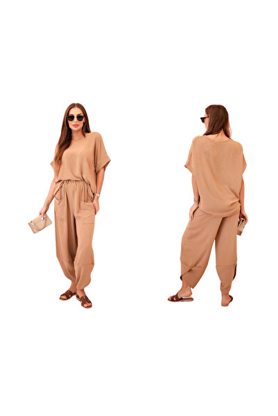 Kesi Set de damă din viscoză camel - bluză și pantaloni cu mânecă scurtă