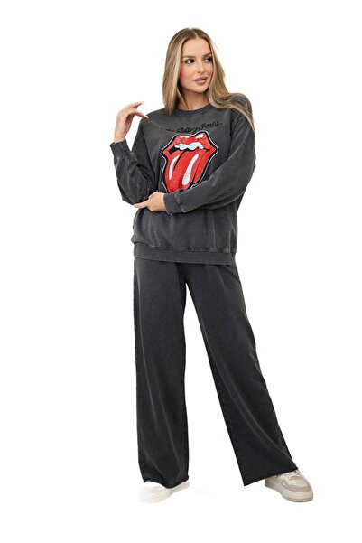 Kesi Set hanorac din bumbac pre-spălat cu imprimeu + pantaloni grafit